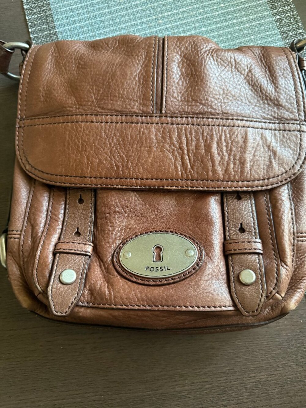 Fossil Vintage Maddox Crossbody Brown Leather Flap Bag with Nickel Accents